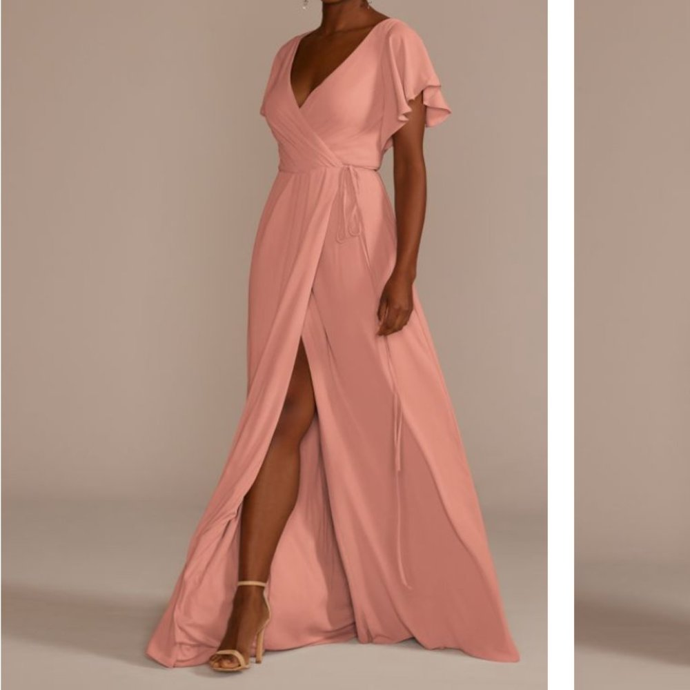 David's Bridal flutter sleeve georgette wrap bridesmaid dress